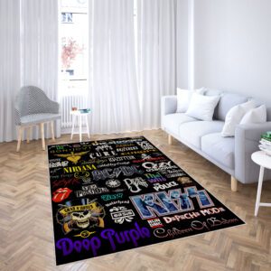 Rug featuring logos of KISS, Nirvana, AC/DC, and Deep Purple, displayed in a white modern room, rock music fan decor