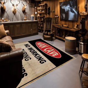 Rug featuring “No Working During Drinking Hours” text – humorous man cave decor