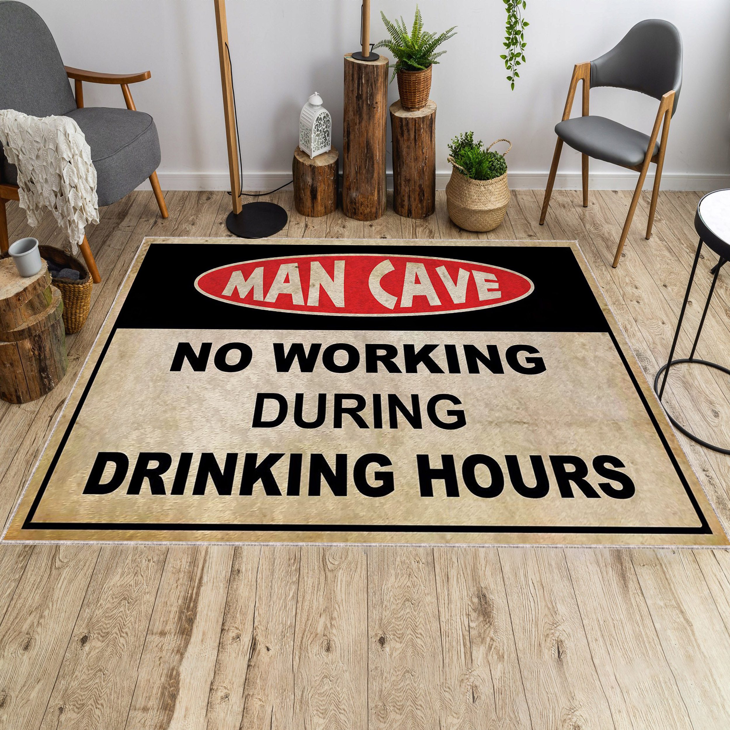 Rug featuring “No Working During Drinking Hours” text – humorous man cave decoration