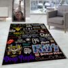 Rug with KISS, Nirvana, AC/DC, and Deep Purple logos, placed in a white room, vintage rock music decor