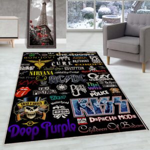 Rug with KISS, Nirvana, AC/DC, and Deep Purple logos, placed in a white room, vintage rock music decor