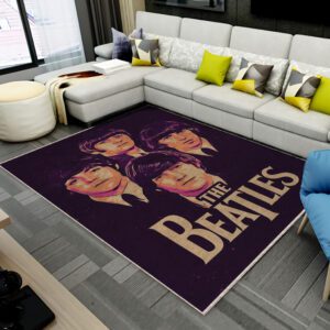 The Beatles rug with classic band imagery, retro rock music home decor