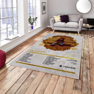 The College Dropout album cover rug with Kanye West bear mascot, iconic hip-hop decor