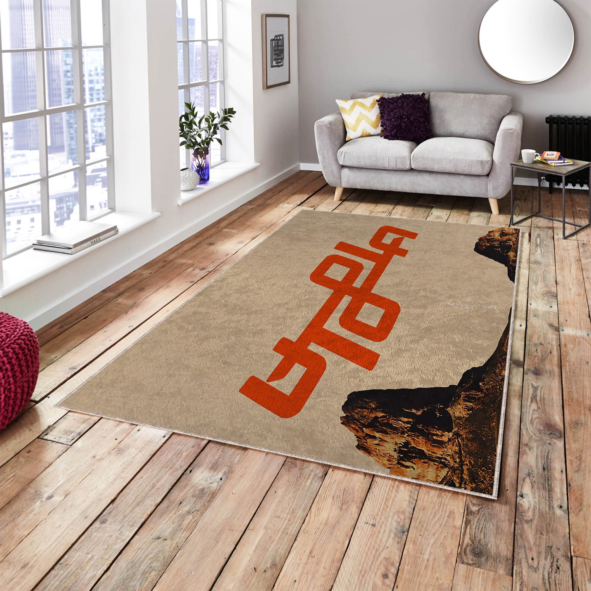 Travis Scott Utopia album cover rug in front of a sofa, showcasing the detailed album artwork