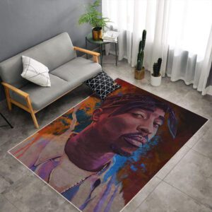 Tupac portrait rug on a room floor, detailed hip-hop rapper artwork, music-themed home deco