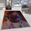 Tupac portrait rug placed on a room floor, detailed rapper artwork, hip-hop home decor