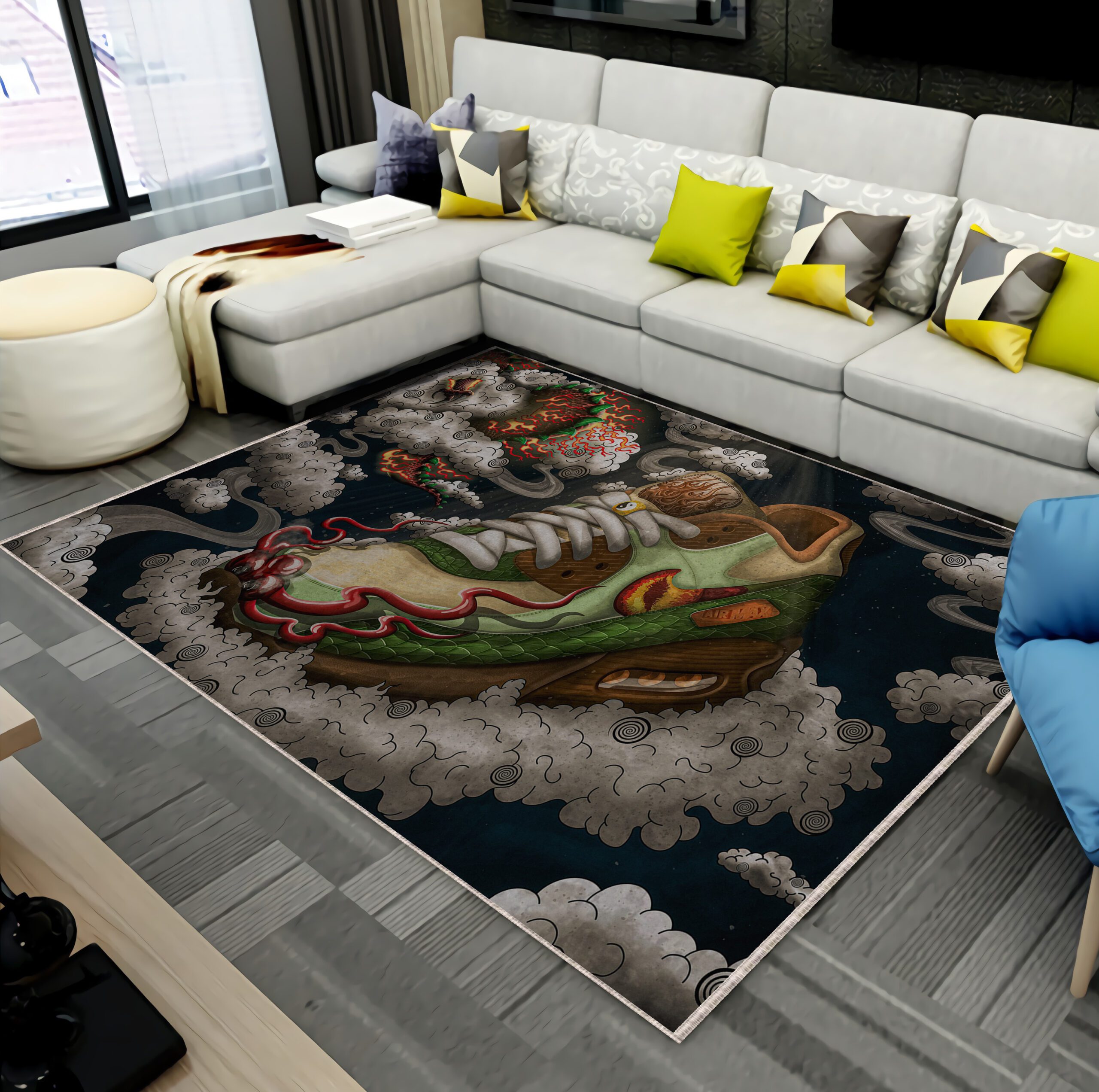 Vibrant dragon motif sneaker-style rug for contemporary home decoration