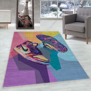 Vibrant Nike-inspired geometric rug for contemporary home decor
