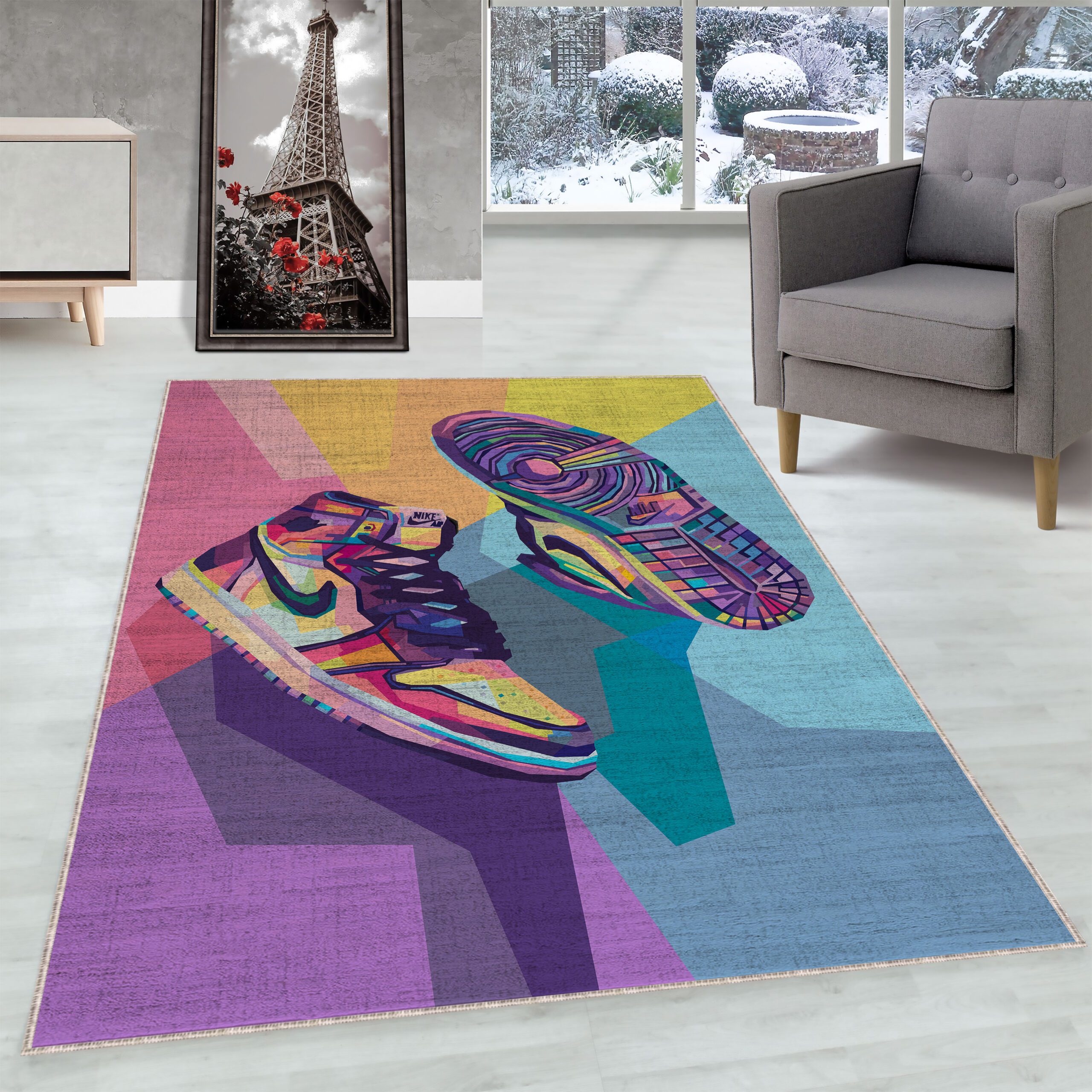 Vibrant Nike-inspired geometric rug for contemporary home decor