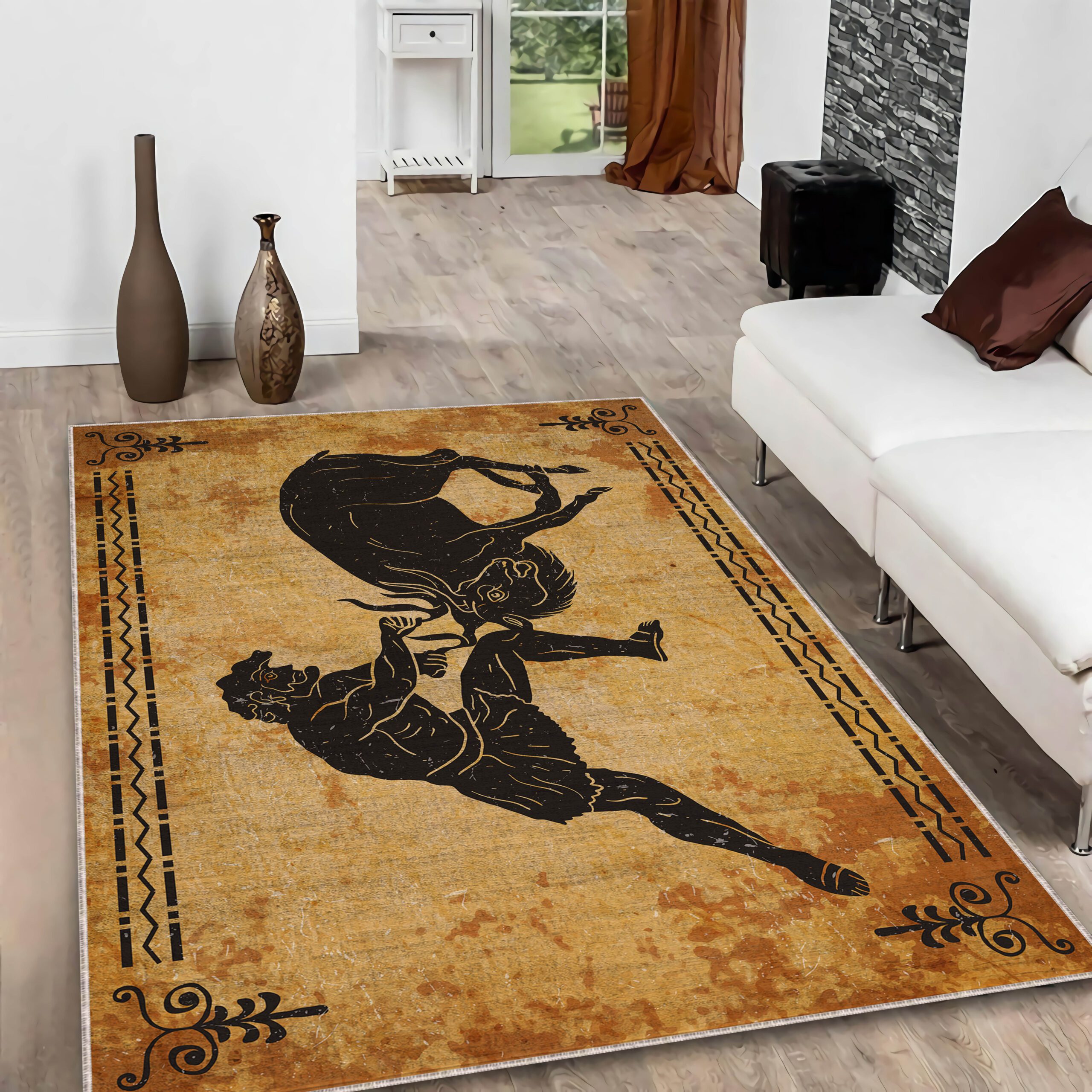Vintage Hercules vs Bull mythological art rug for classic home decor