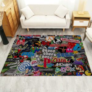 Classical game logos rug featuring EA, Sega, PlayStation, Xbox, and Nintendo on the floor in a gaming room