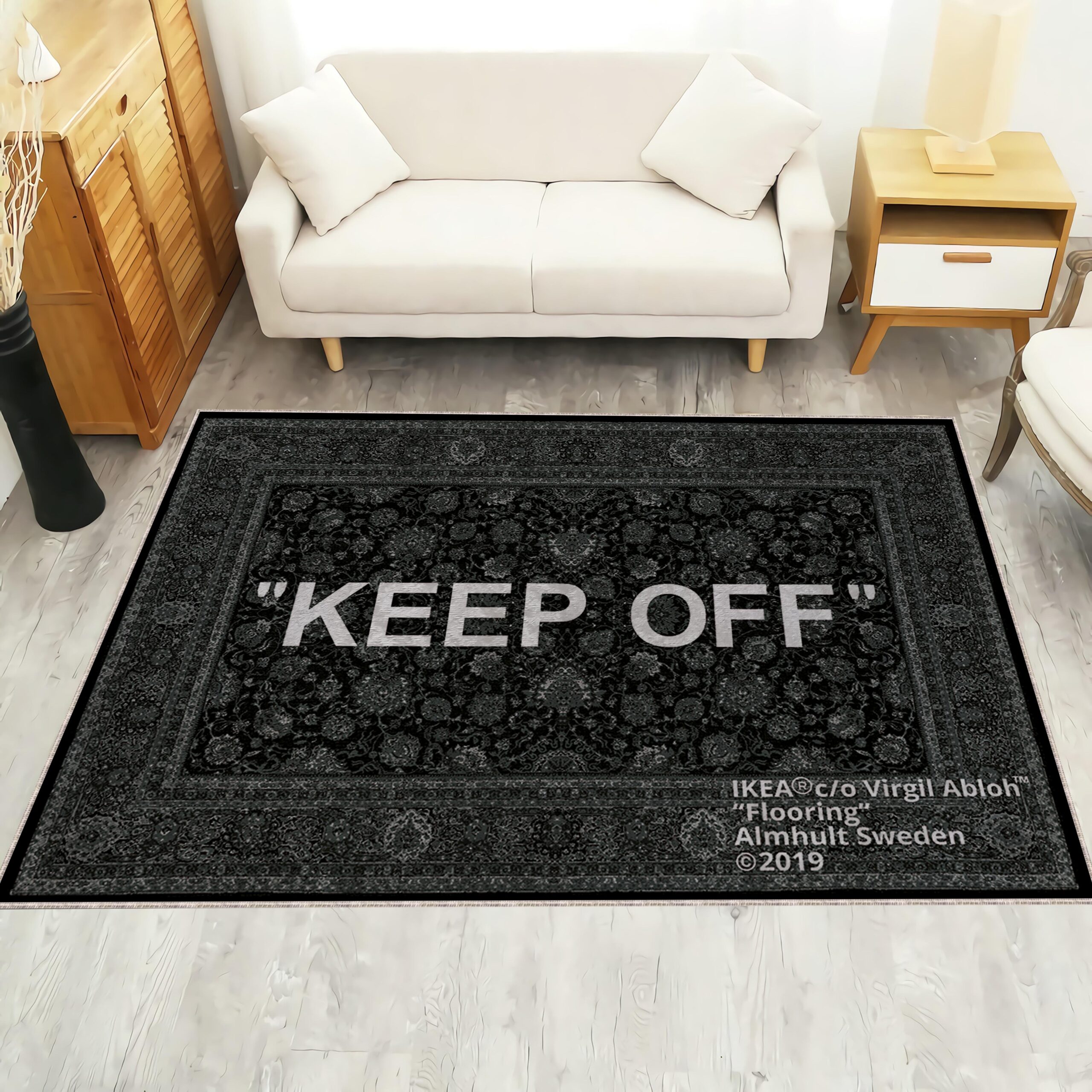 Off-White inspired Keep Off rug on the floor in a modern living room