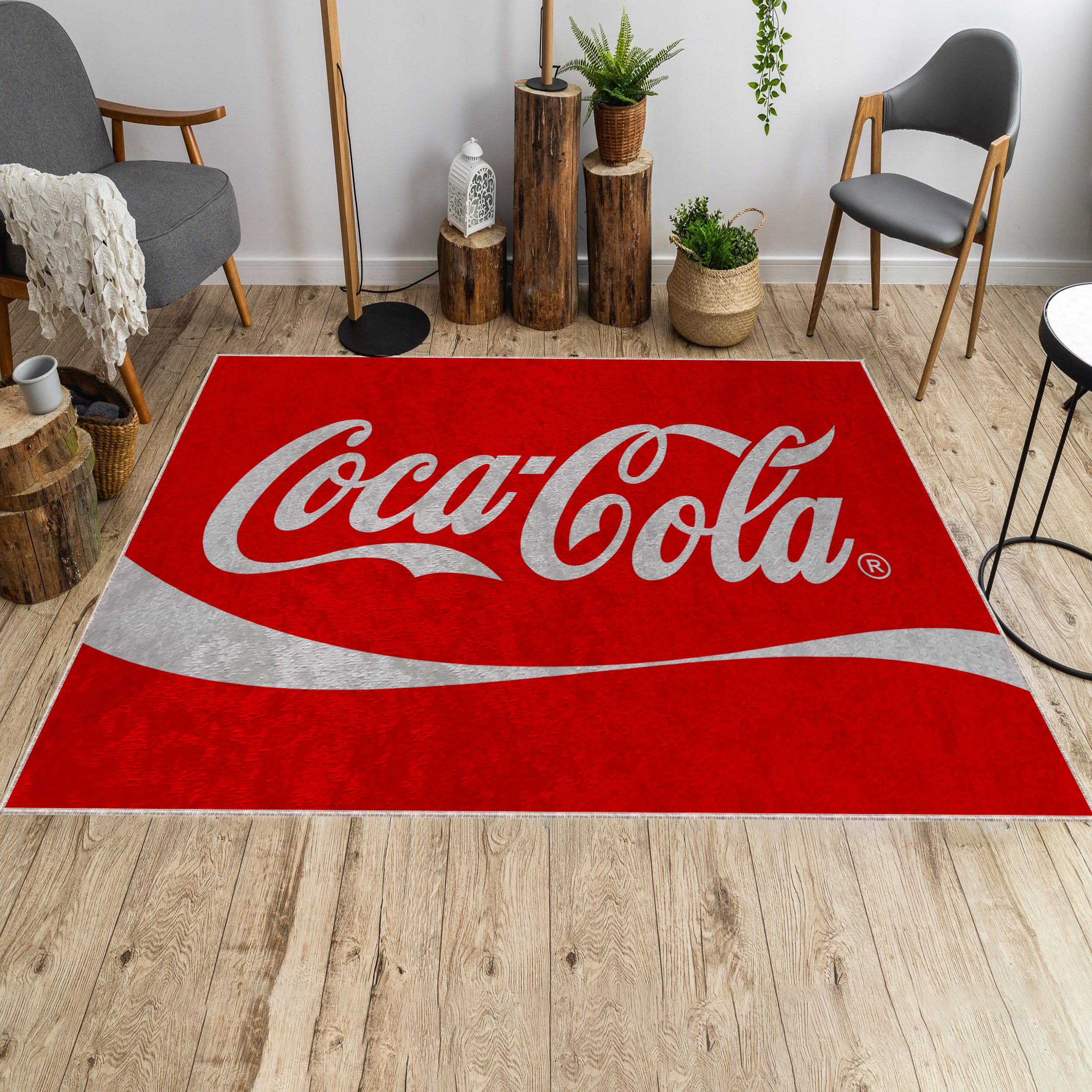 Red CocaCola rug on the floor in a modern living room