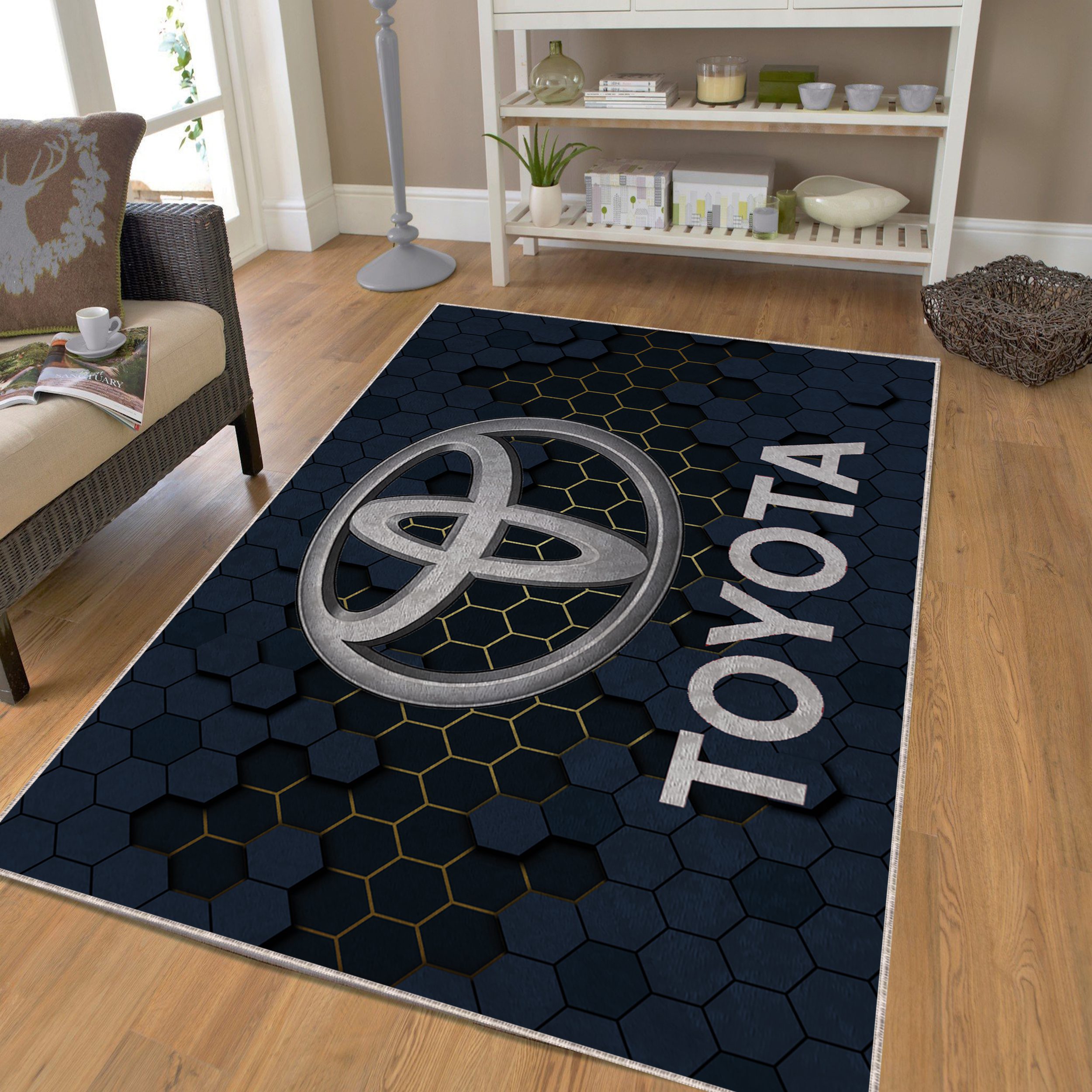 Toyota emblem rug on the floor in a modern living room