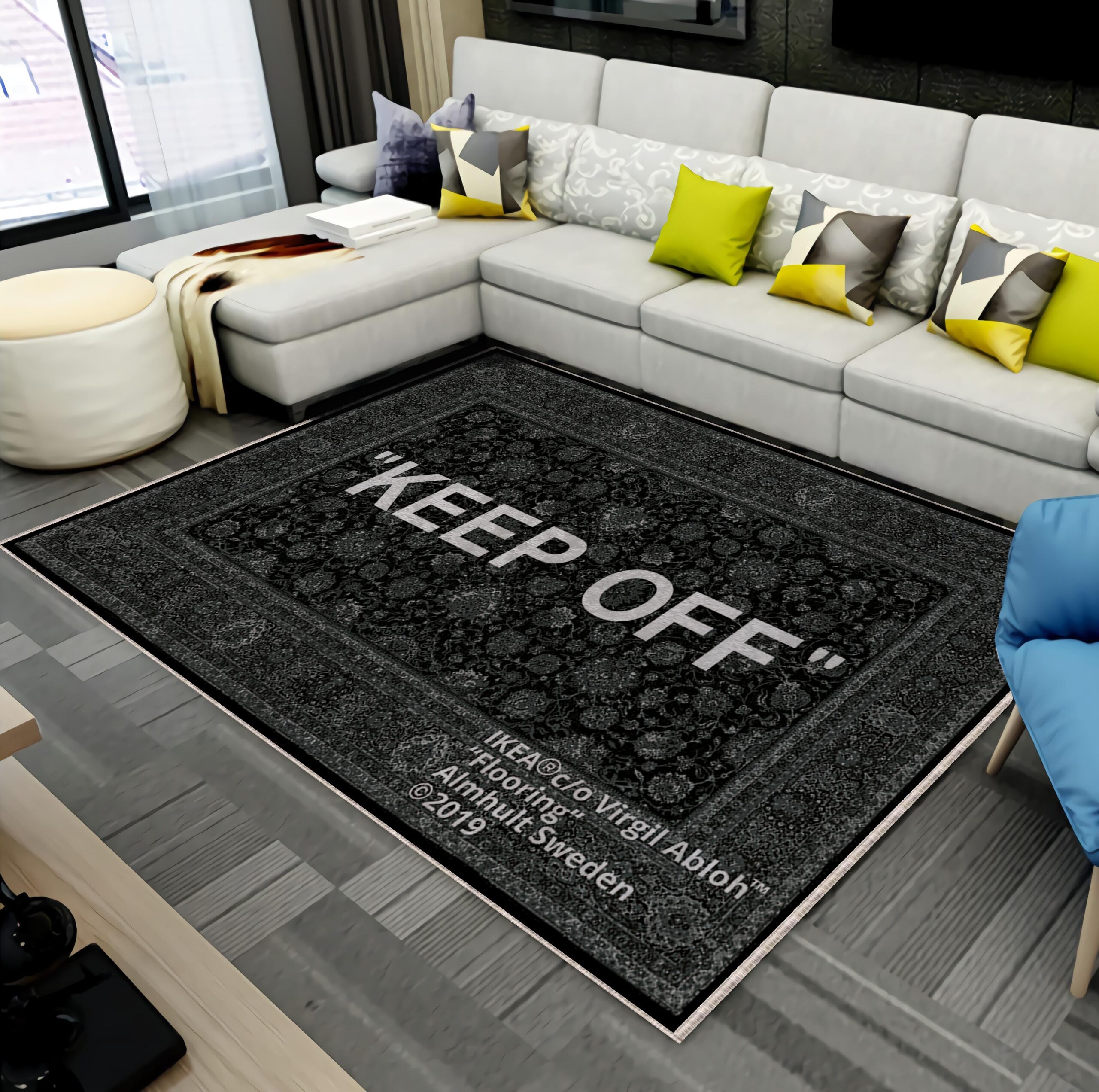Virgil Abloh Keep Off rug on the floor in a modern living room